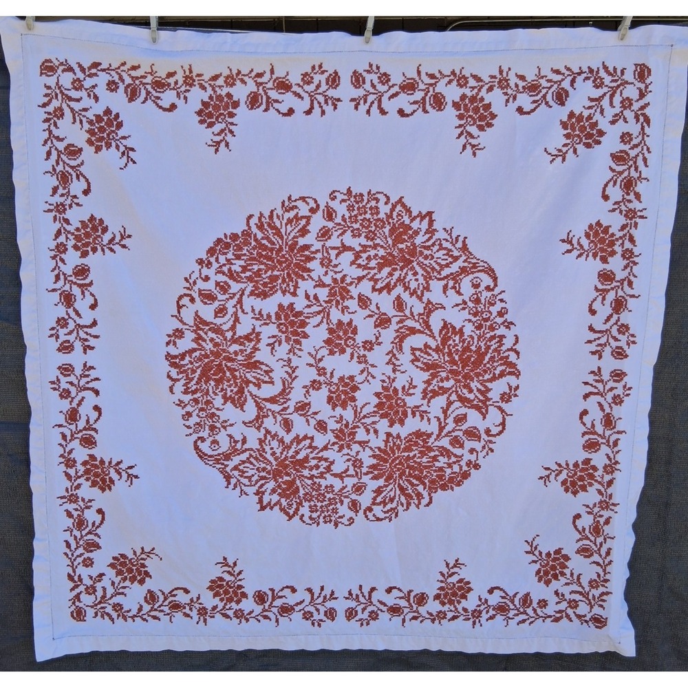 Vintage Hand Embroidered Cross Stitch Linen Tablecloth Rust Floral Hemstitch